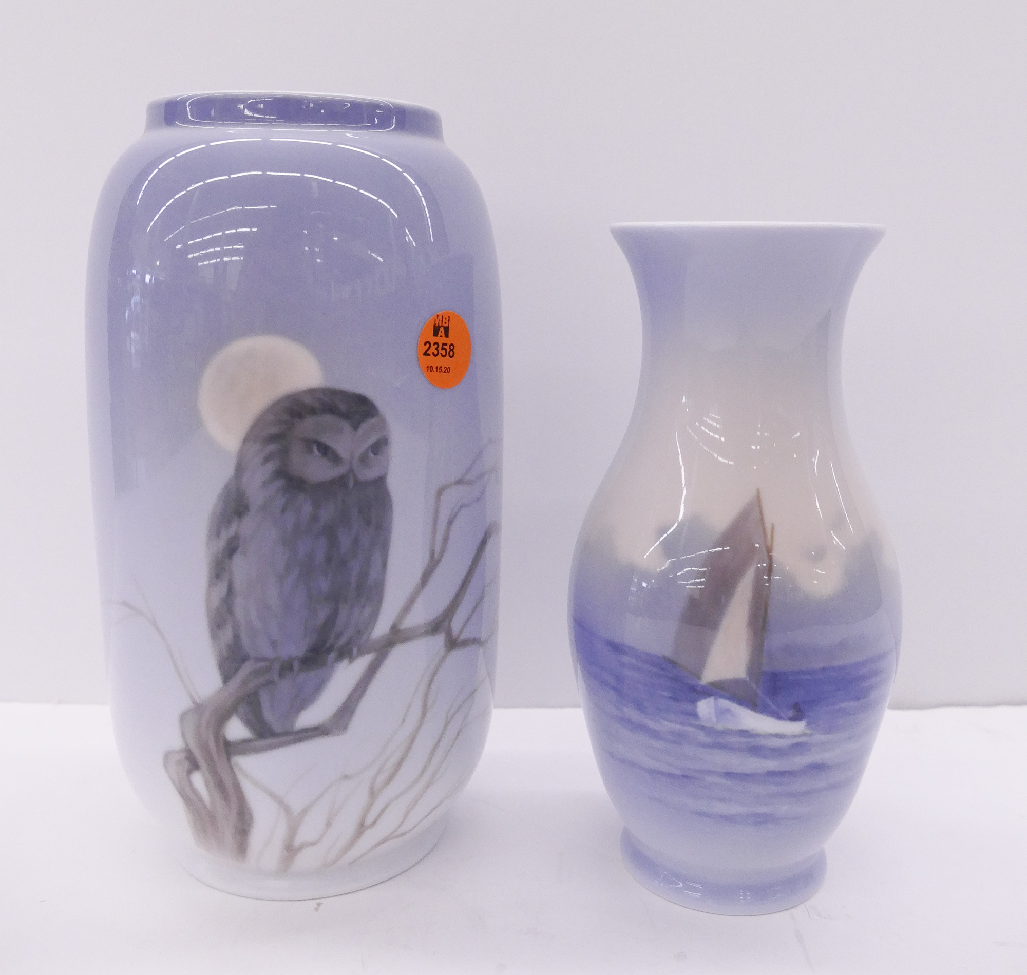 Appraisal: pc Royal Copehagen Owl and Sailboat Vases- '' and ''