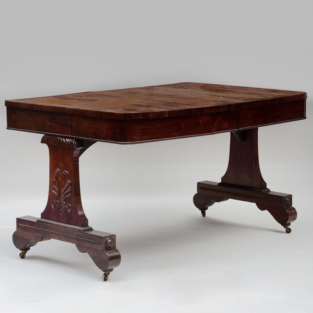 Appraisal: Regency Inlaid Goncalo Alves Trestle Library Table Fitted with two