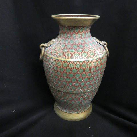 Appraisal: Japanese Champleve Bronze Vase geometric design ring handles