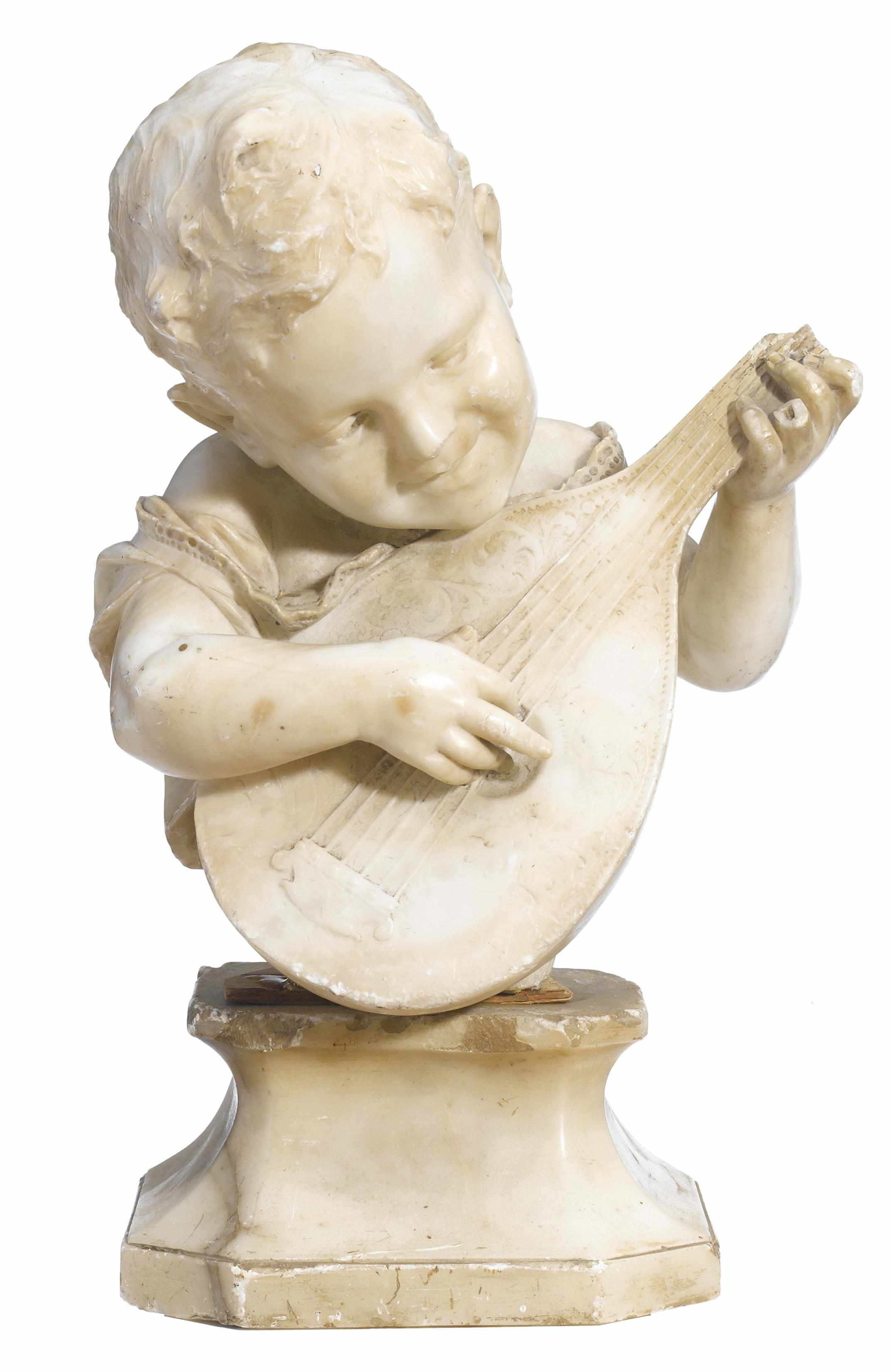 Appraisal: An Italian carved alabaster bust of a young child playing