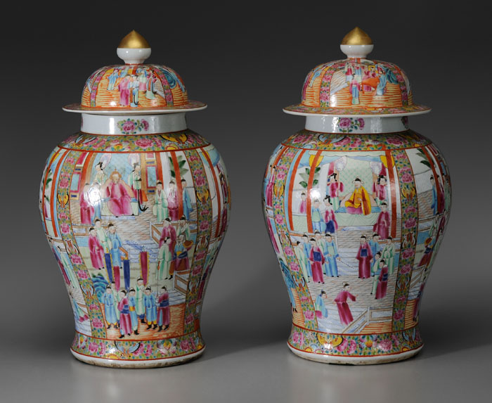 Appraisal: Pair Famille Rose Porcelain Jars Chinese th century lidded balusters