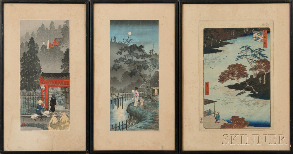 Appraisal: Three Woodblock Prints Japan a riverscape by Hiroshige - x