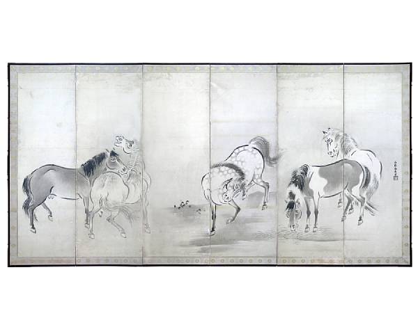 Appraisal: A Japanese screen Kano Yasunobu - Five Horses Large six