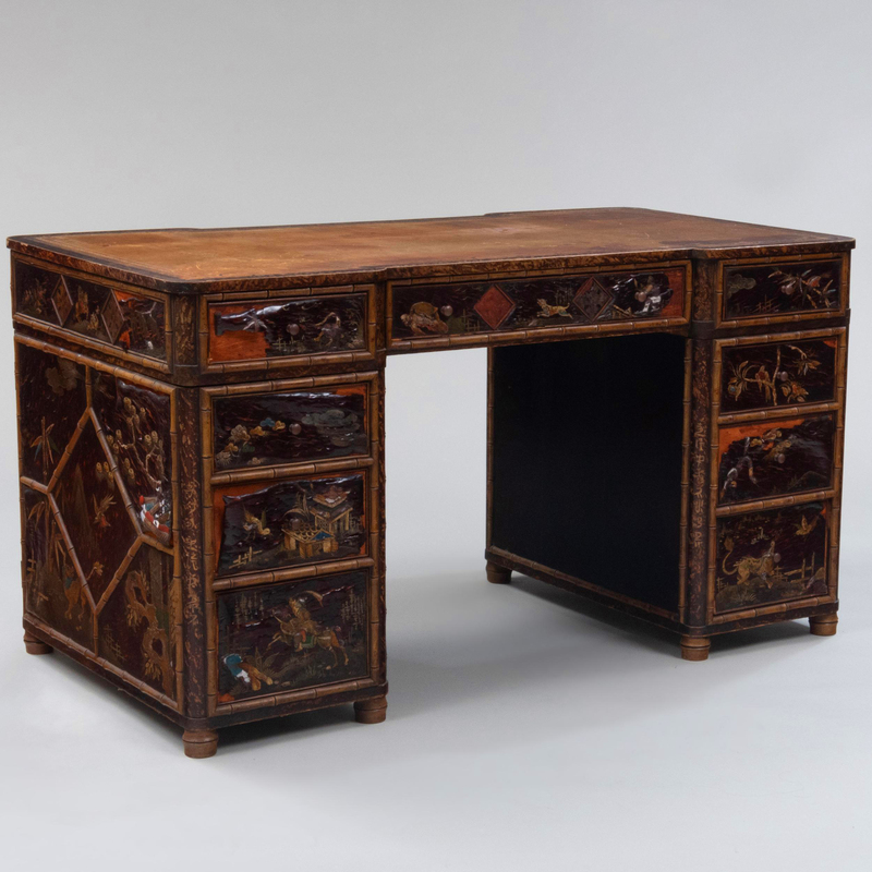 Appraisal: Edwardian Painted Faux Tortoiseshell Lacquer and Bamboo Pedestal Desk With