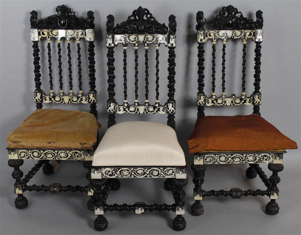 Appraisal: SET OF THREE NORTHERN ITALIAN EBONY AND ETCHED INLAID CHAIRS