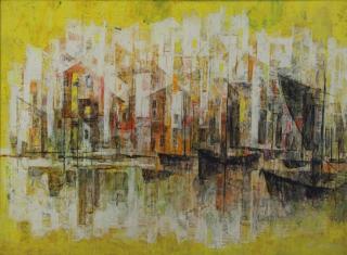 Appraisal: LEWEN Si Oil on Canvas Modernist Harbor Scene Signed lower