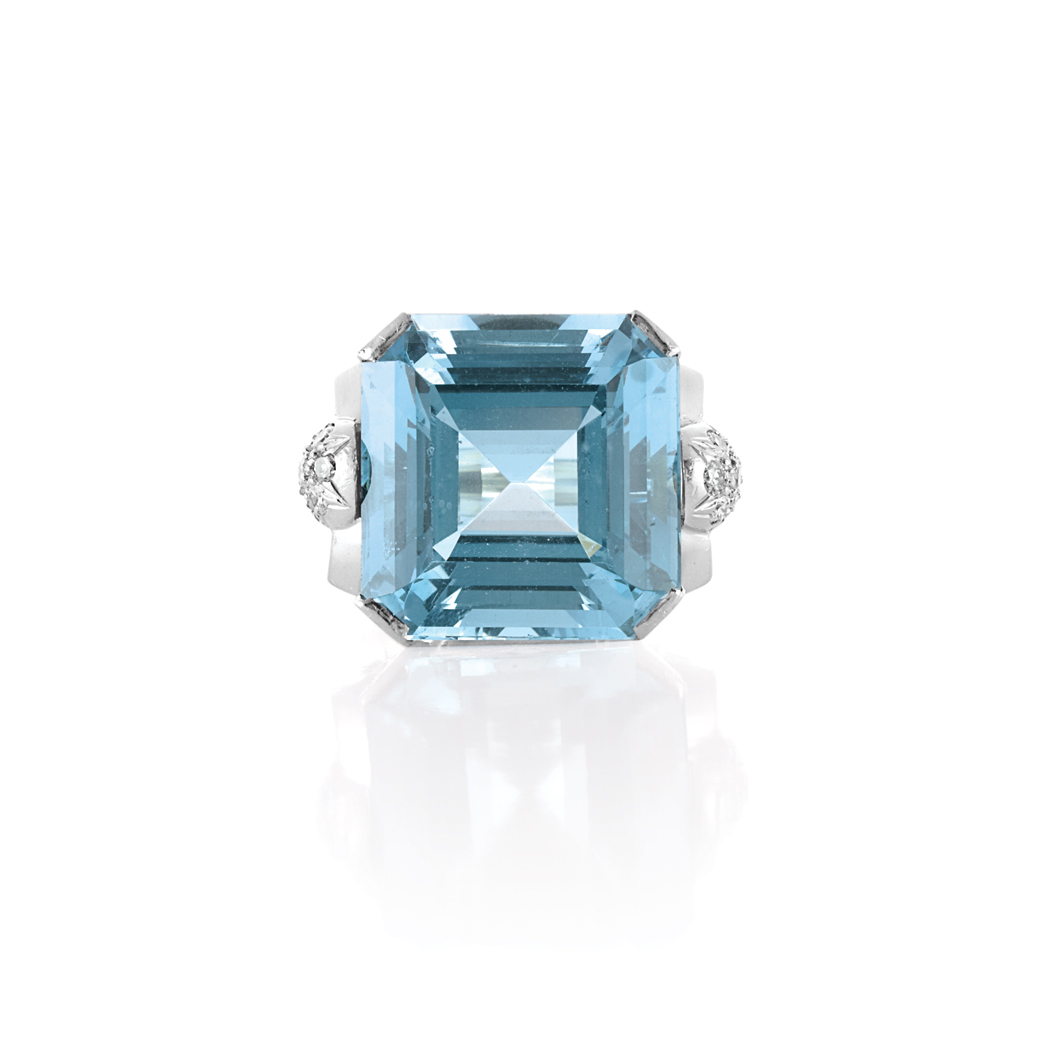 Appraisal: Platinum Aquamarine and Diamond Ring Centering one square-shaped step-cut aquamarine