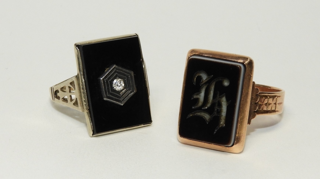 Appraisal: ESTATE K GOLD ONYX DIAMOND MEN'S RINGS Circa Two rings