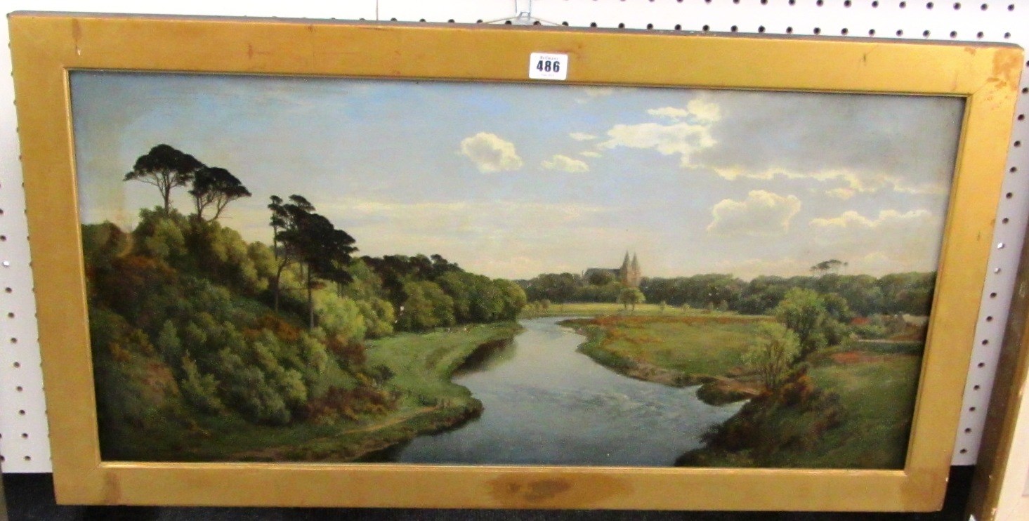 Appraisal: English School th century River scene a church beyond oil