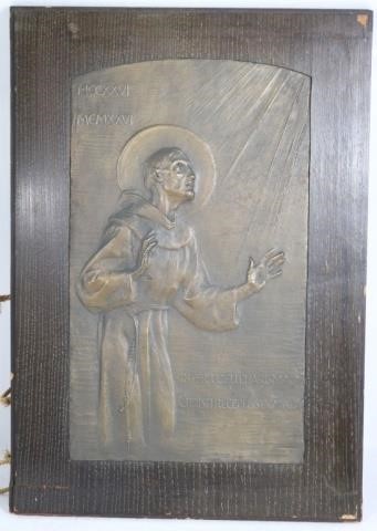 Appraisal: LARGE BRONZE PLAQUE DEPICTING SAINT FRANCIS INSCRIBED IN LATIN INTER