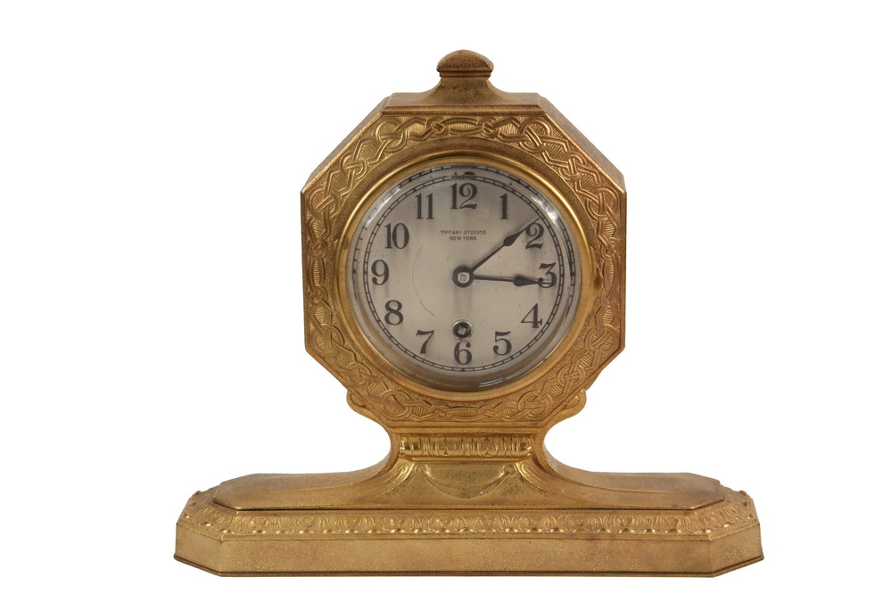 Appraisal: TIFFANY STUDIOS DESK CLOCK Bronze Clock in Gold Dore Finish