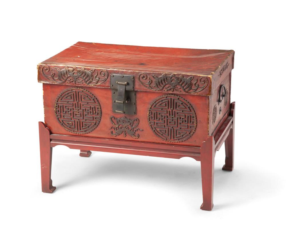 Appraisal: A Chinese leather chest on a wood stand th Century