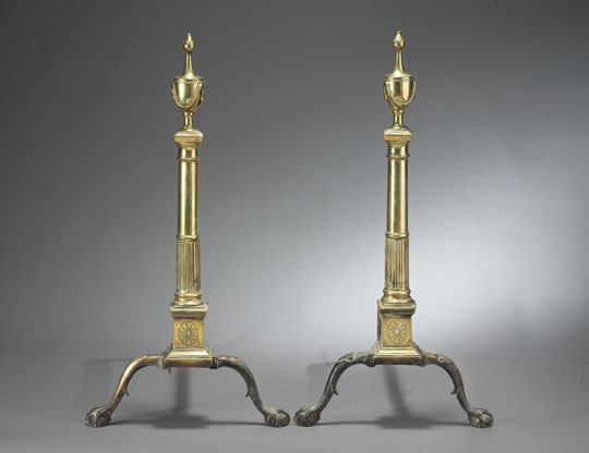 Appraisal: FINE PAIR OFAMERICAN CHIPPENDALE BRASS ANDIRONS Philadelphia circa urn form