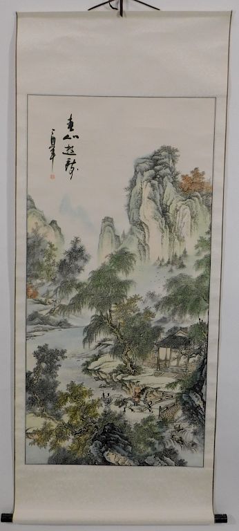 Appraisal: Japanese Mountain Landscape Hanging Wall Scroll Japan Detailed trees and