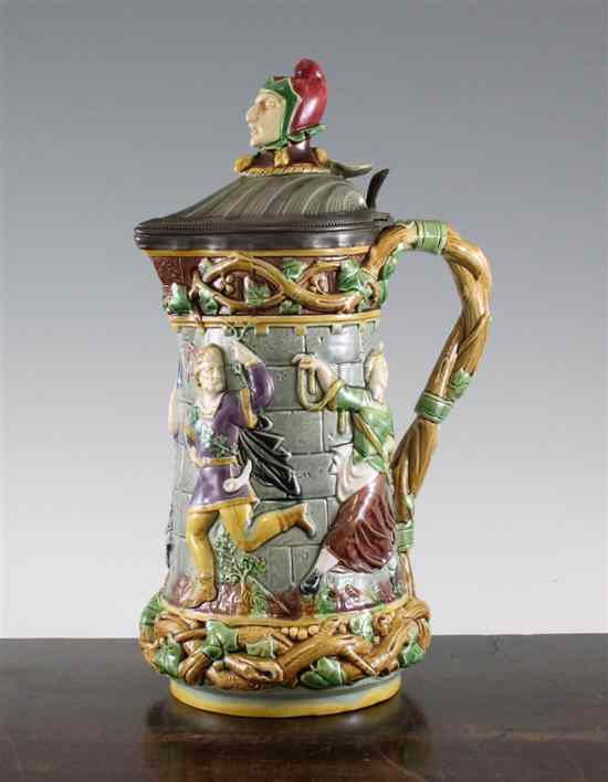 Appraisal: A Mintons majolica 'Tower' jug date code for the pewter