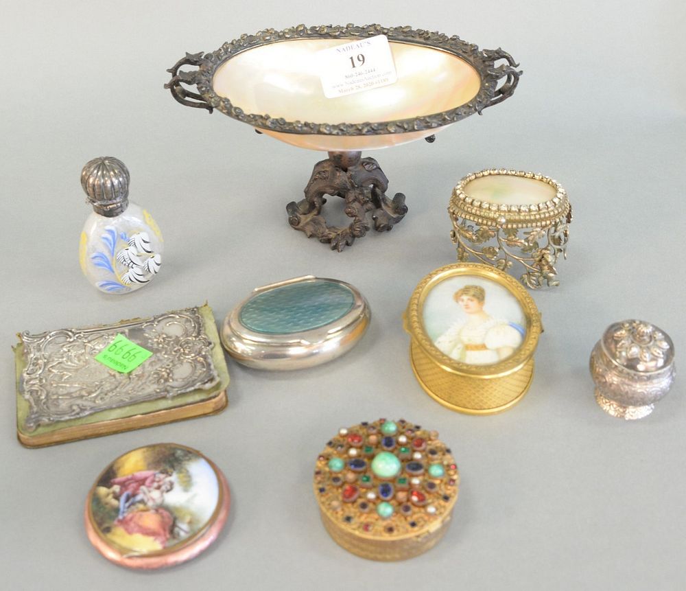 Appraisal: Nine trinket boxes etc includes snuff bottle with sterling cap