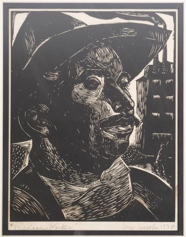 Appraisal: WILLIAM JACOBS MEXICAN WORKER WOODCUT PRINT William Jacobs American -