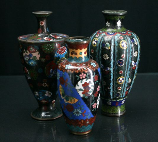 Appraisal: Three Japanese cloisonne vases of various forms in brocade pattern