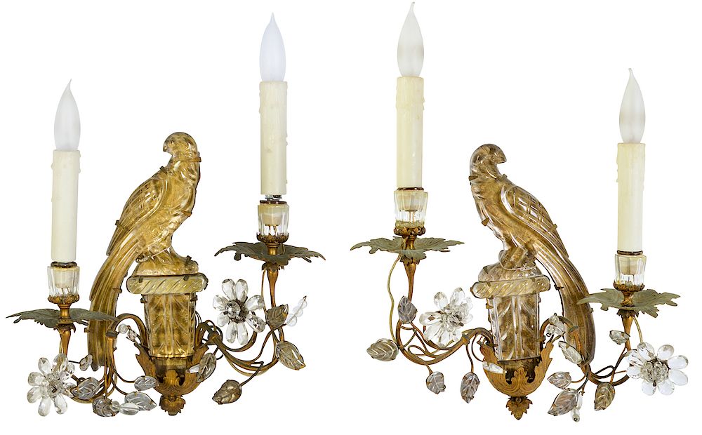 Appraisal: Pr French Bagues Crystal Parrot Sconces Maison Bagues crystal bronze