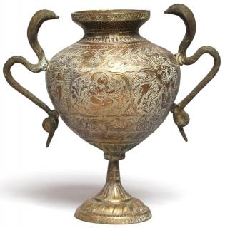 Appraisal: Indian Bronze Vase with Cobra Handles The heavily incised globular