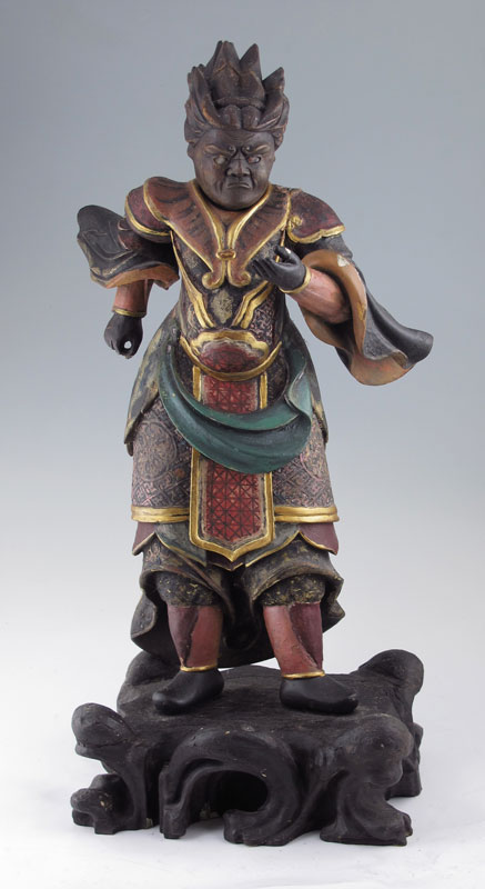 Appraisal: LARGE POLYCHROME CARVED WOODEN CHINESE WARRIOR Parcel gilt removable head