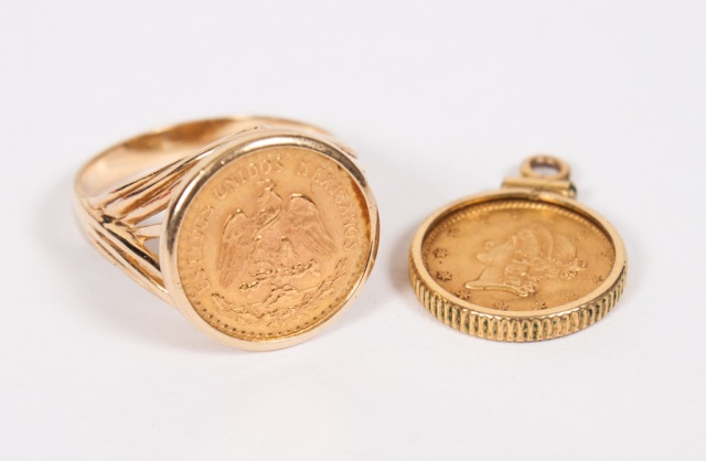 Appraisal: Lady's K gold ring and pendant with gold coins comprising