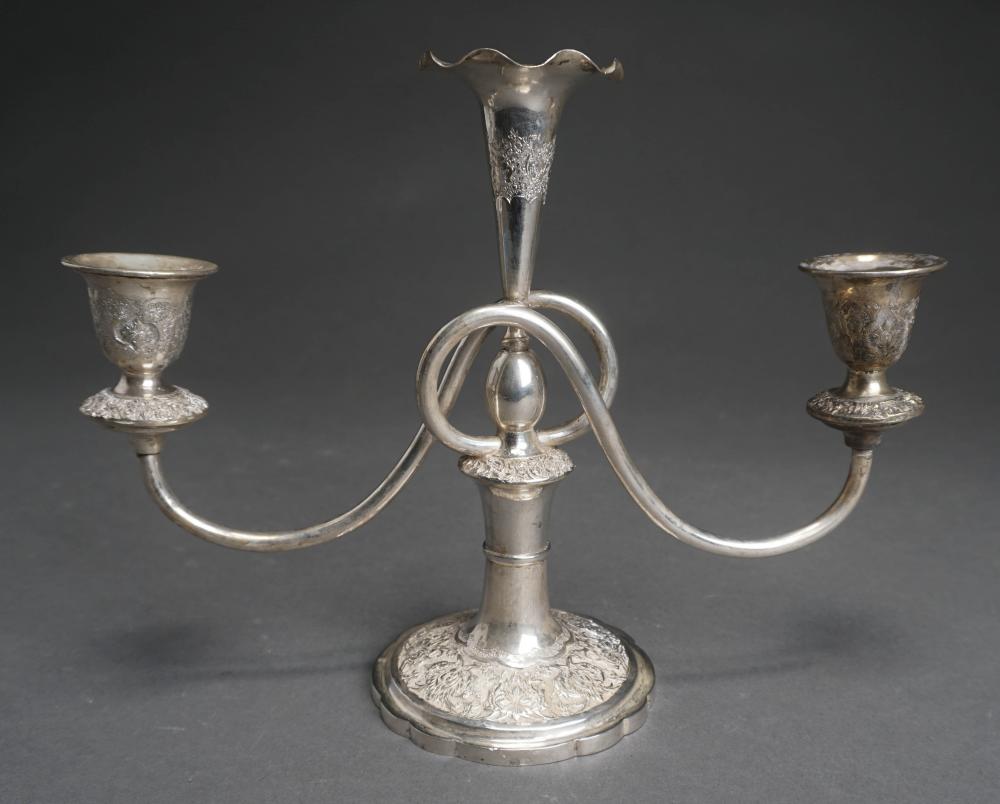 Appraisal: Persian -Silver Arabesque Embossed Two Branch Candelabrum H in cm