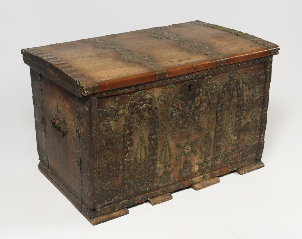 Appraisal: LARGE LIBYAN BRASS CLAD STORAGE TRUNK Hinged lid and sides