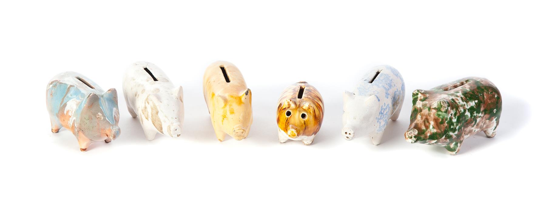 Appraisal: SIX AMERICAN POTTERY PIGGY BANKS Second half- th century Sponged