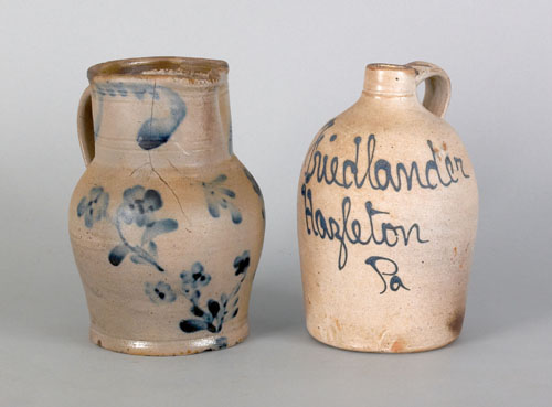 Appraisal: Pennsylvania stoneware pitcher th c together with a jug inscribed