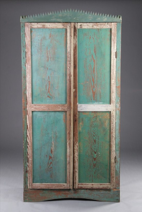 Appraisal: AMERICAN PAINTED TWO-DOOR CUPBOARD th century Saw-tooth pediment case with