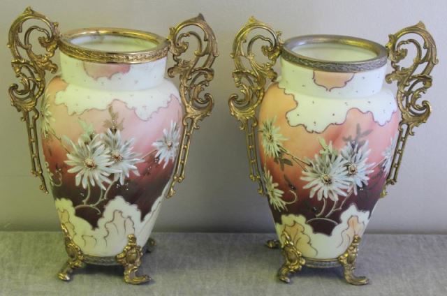 Appraisal: Pair of Wavecrest Brass Mounted Vases Enamel decorated with flowers