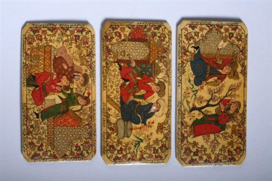 Appraisal: THREE PERSIAN HAND-PAINTED IVORY PLAQUES - in x in