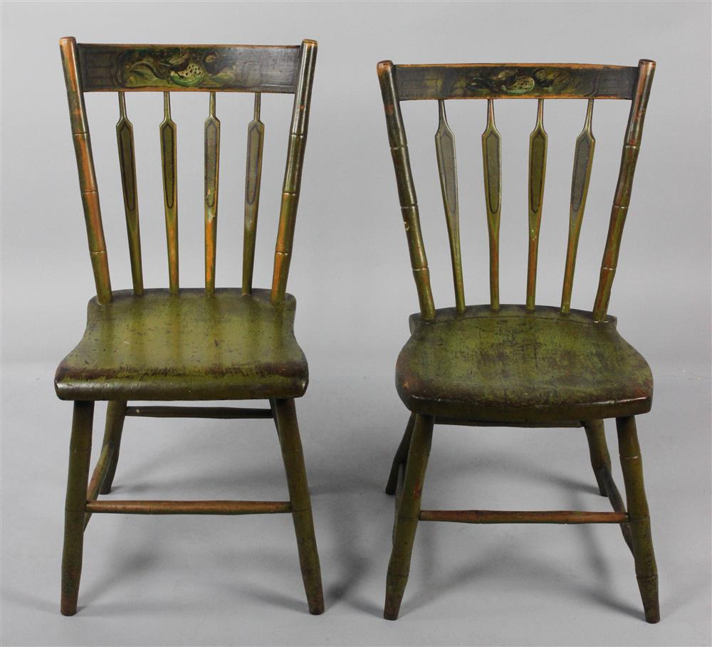 Appraisal: PAIR OF GREEN PAINT DECORATED ARROW BACK CHAIRS TH CENTURY