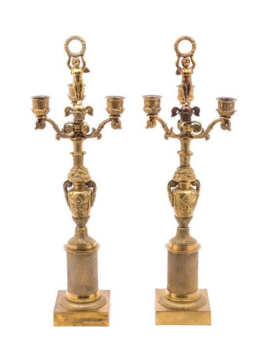 Appraisal: Sale Lot A Pair of Neoclassical Gilt Bronze Three-Light Candelabra