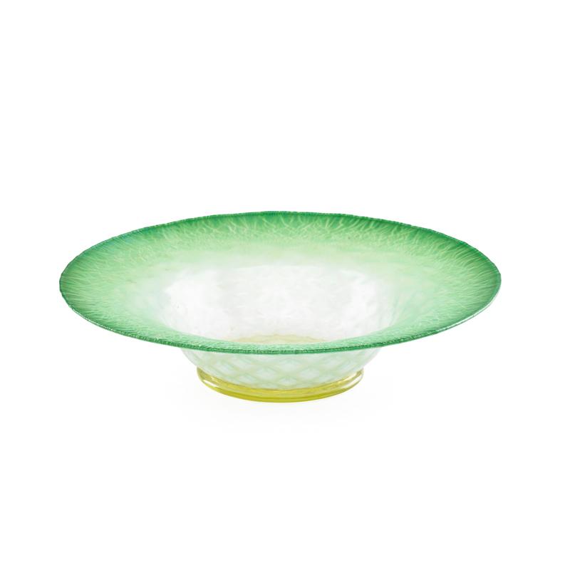 Appraisal: TIFFANY FAVRILE GLASS BOWL Quilted green opalescent body with yellow