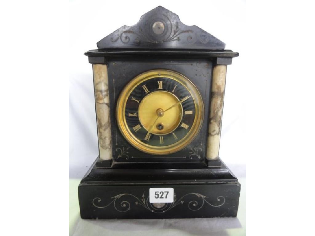 Appraisal: A late th century black slate and marble mantle clock