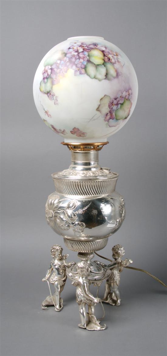 Appraisal: A Silvered Banquet Lamp with Painted Glass Globe Shade Height