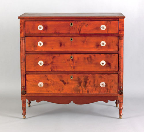 Appraisal: Boston Sheraton figured cherry chest of drawers dated with drawers