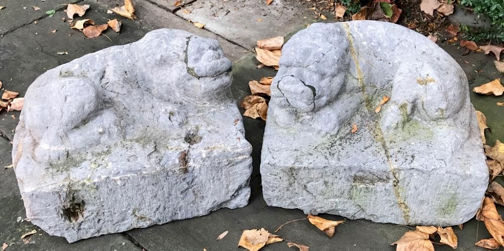 Appraisal: Pair of Carved Black Granite Recumbent Foo Dogs Pair of