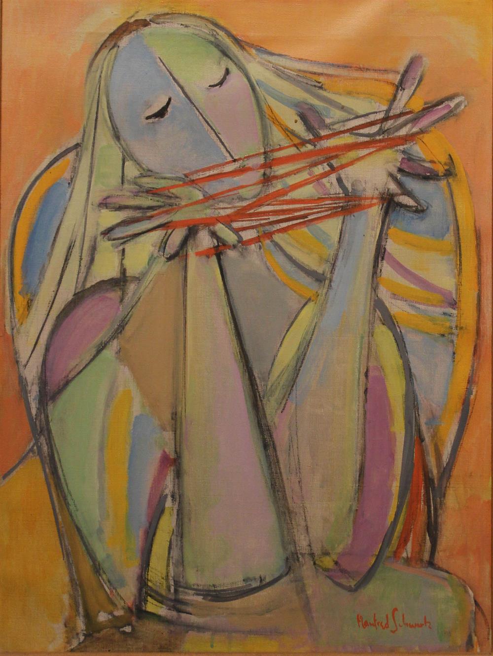 Appraisal: MANFRED SCHWARTZ AMERICAN GERMAN WOMAN WITH CAT'S CRADLE Oil on