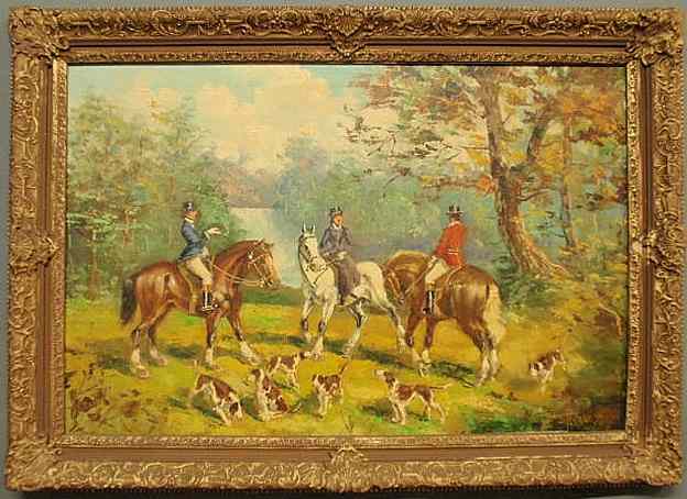 Appraisal: Oil on canvas painting of a foxhunting landscape scene signed