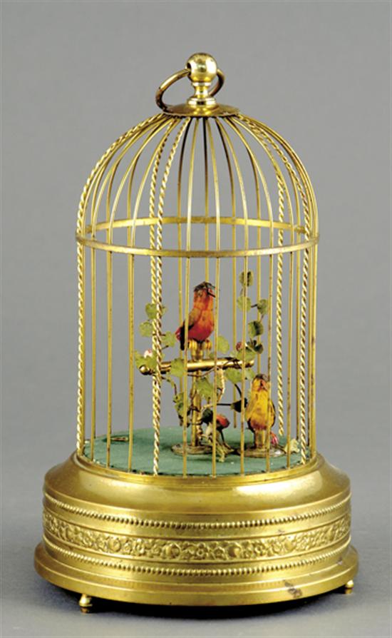 Appraisal: German caged birds automaton circa two chirping birds mounted in