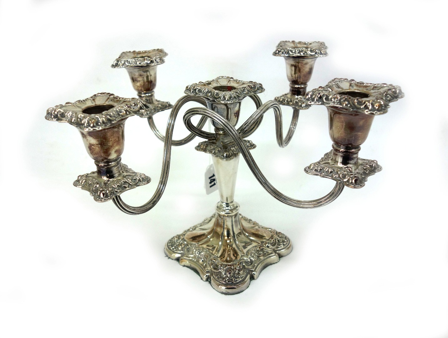 Appraisal: A George IV style electroplate five light candelabrum with foliate