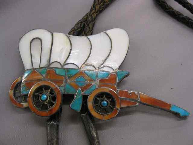 Appraisal: Indian Bolo Tie figural wagon design coral abalone and turquoise