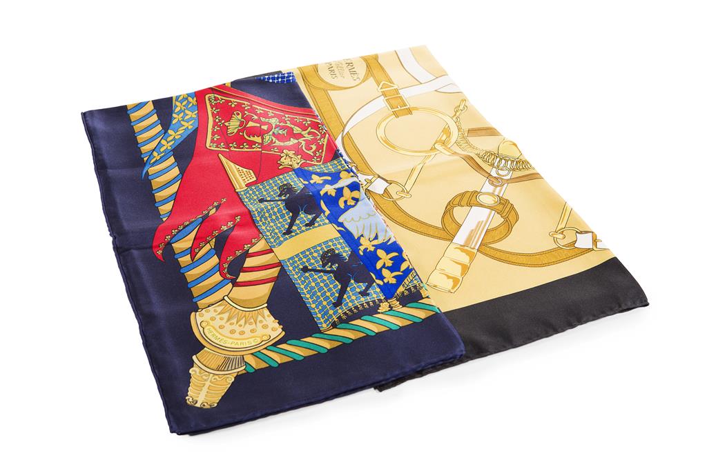 Appraisal: HERMES - Two silk patterned scarfs the first of black