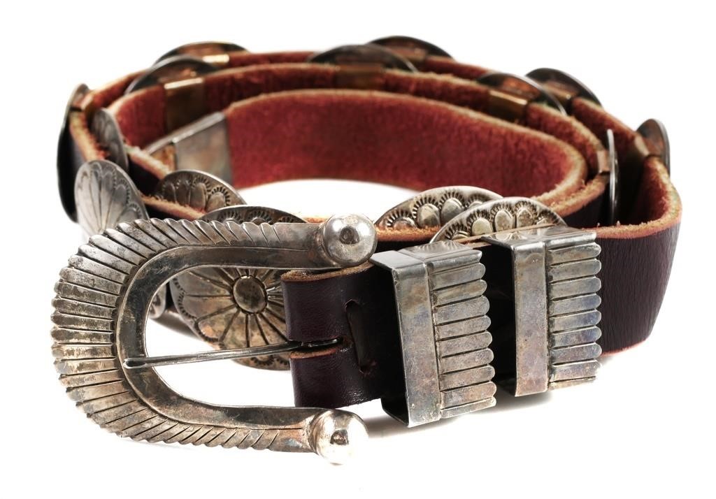 Appraisal: Sterling silver and leather concho belt by Clarence and Russell