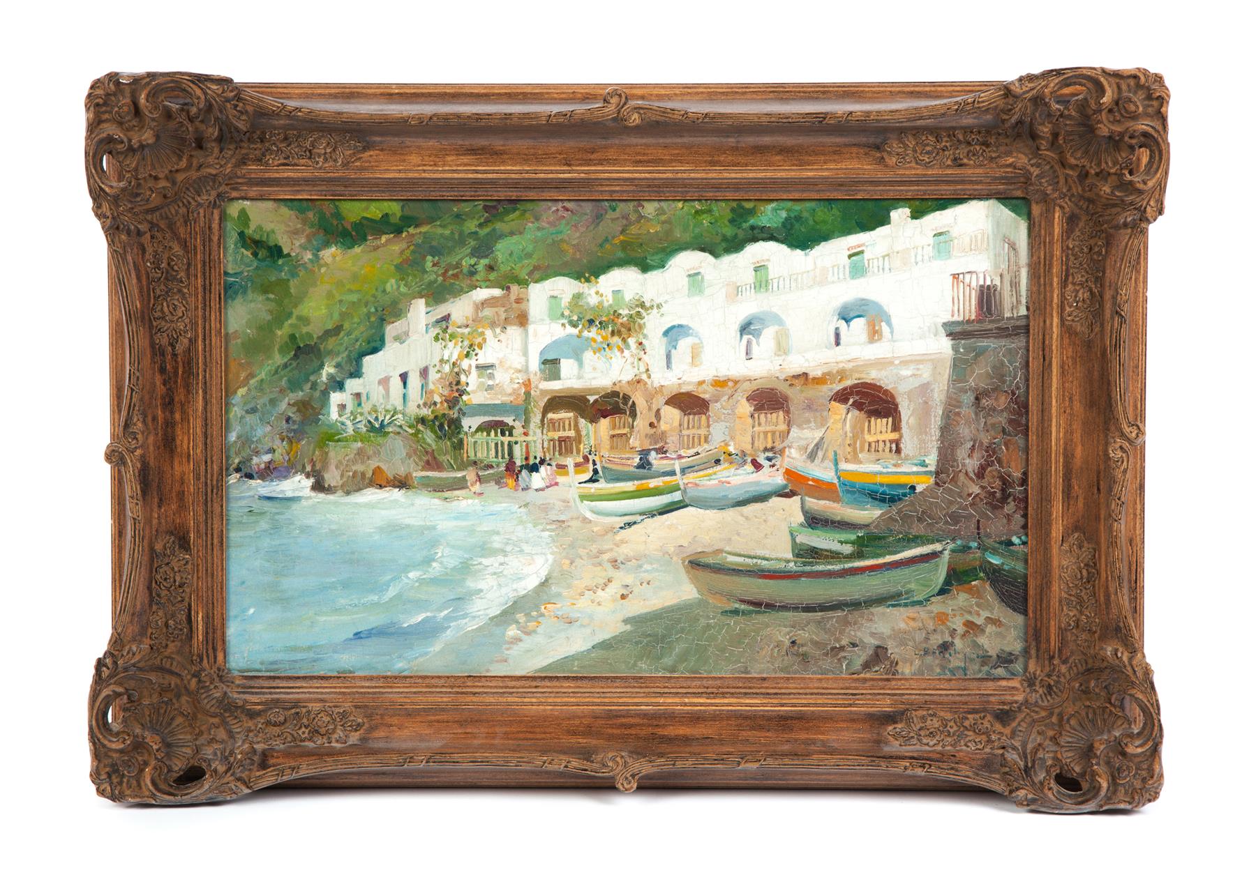 Appraisal: MEDITERRANEAN BEACH SCENE American or European th century oil on