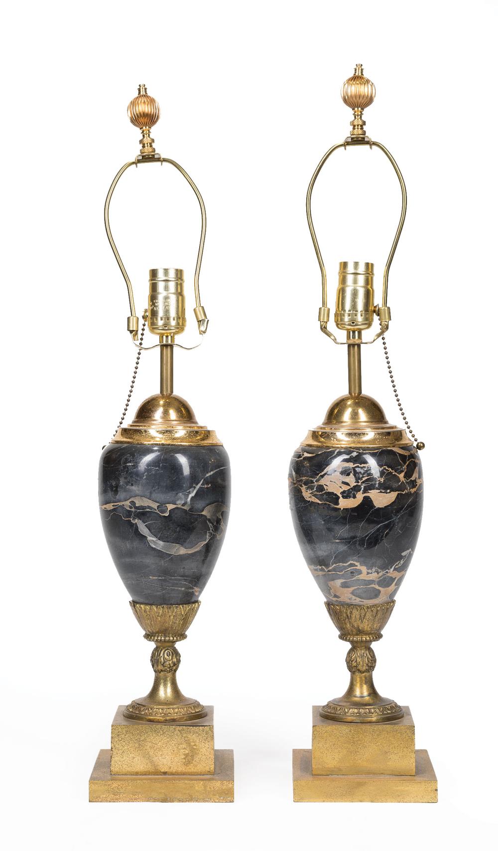 Appraisal: Pair of Continental Gilt Bronze and Marble Lamps th c