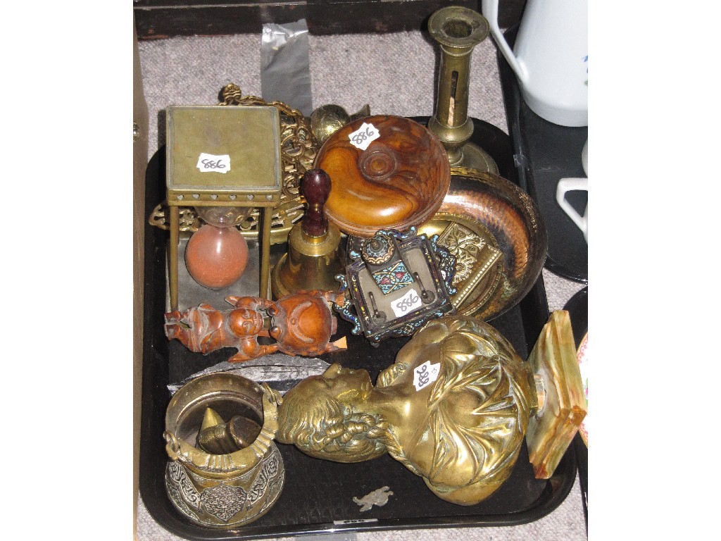 Appraisal: Tray lot to include brass ware carved oriental figure egg